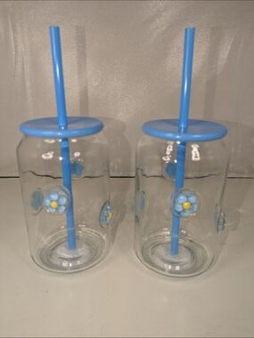 Viral Blue Floral Glass Tumblers Straw Set of 2 Aesthetic Cute